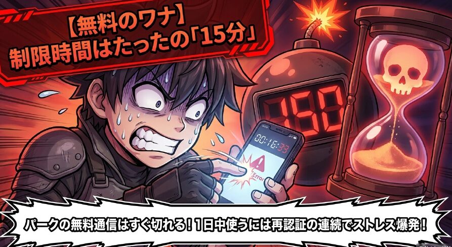 無料のワナ。制限時間はたったの15分で、すぐ切れる無料通信を1日中使うには再認証の連続でストレス爆発 。