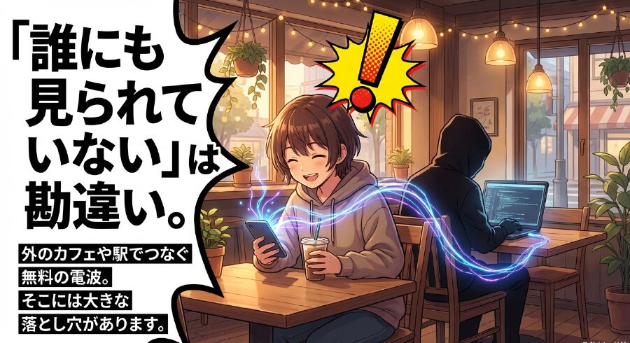 誰にも見られていないという勘違いと、カフェや駅の無料Wi-Fiに潜む落とし穴についての説明