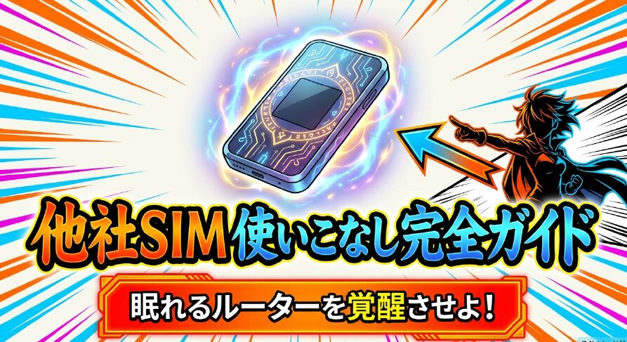 他社SIM使いこなし完全ガイド。「眠れるルーターを覚醒させよ!」というテキストが記載された、モバイルルーター活用法のアイキャッチ画像