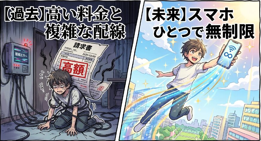 高額な固定回線の請求書と複雑な配線に頭を悩ませる男性のイラスト