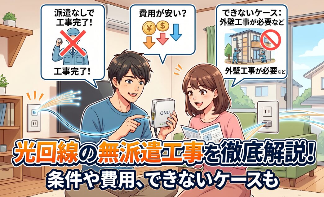 光回線の無派遣工事を解説するアニメ調のアイキャッチ画像。日本人の男女が自宅でONUを設置する様子と、条件、費用、できないケースのポイントが描かれています。