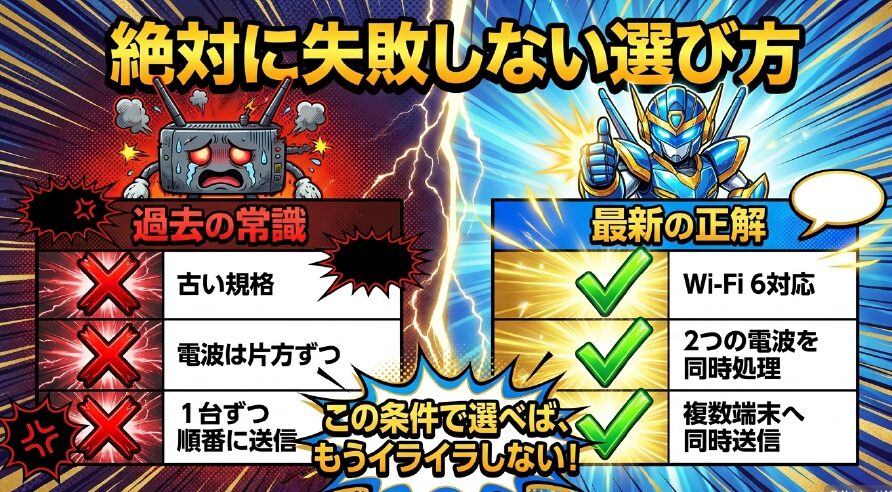 古い規格とWi-Fi6対応の最新の正解を比較し、複数端末へ同時送信できる条件で選べば失敗しないことを示した選び方の表