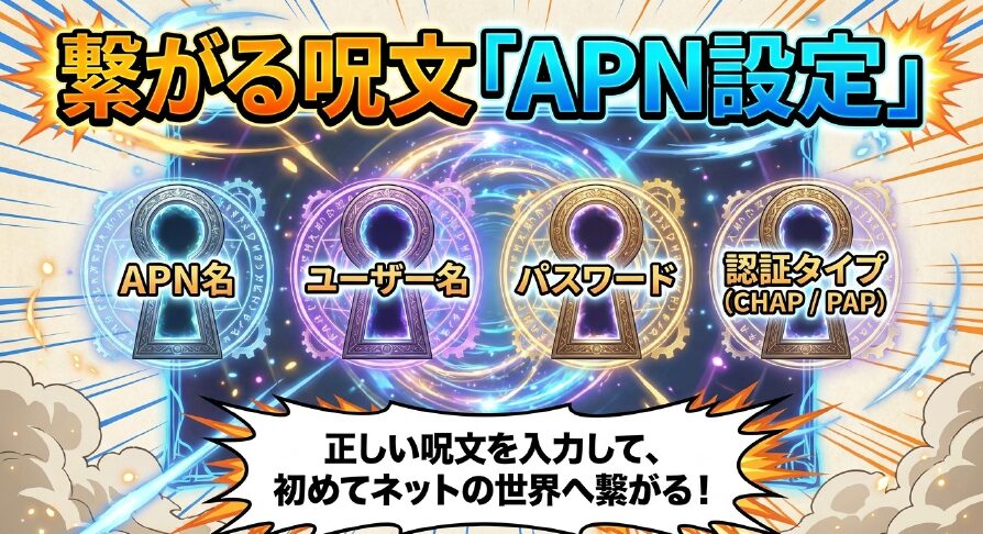 繋がる呪文「APN設定」。APN名や認証タイプ（CHAP/PAP）を入力して初めてネットの世界へ繋がるイメージ
