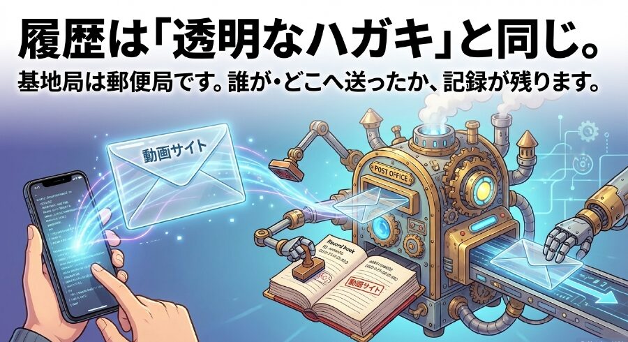 履歴は透明なハガキと同じであり、基地局（郵便局）に誰がどこへ送ったかの記録が残る仕組みのイラスト
