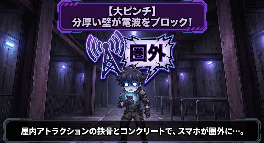 大ピンチ。屋内アトラクションの鉄骨とコンクリートの分厚い壁が電波をブロックし、スマホが圏外に 。