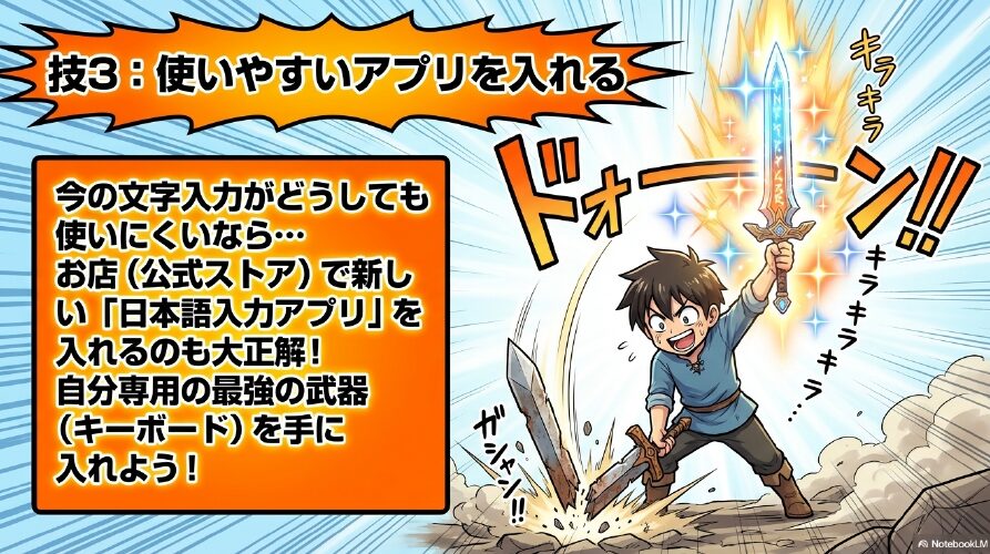 技3:使いやすいアプリを入れる。今の文字入力がどうしても使いにくいなら、お店(公式ストア)で新しい「日本語入力アプリ」を入れるのも大正解!