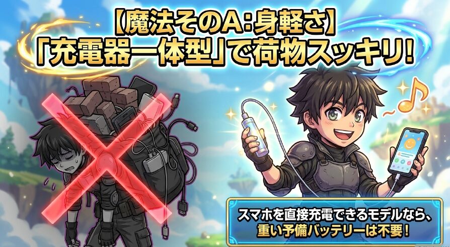 魔法そのA、身軽さ。スマホを直接充電できる充電器一体型モデルなら、重い予備バッテリーは不要で荷物スッキリ 。