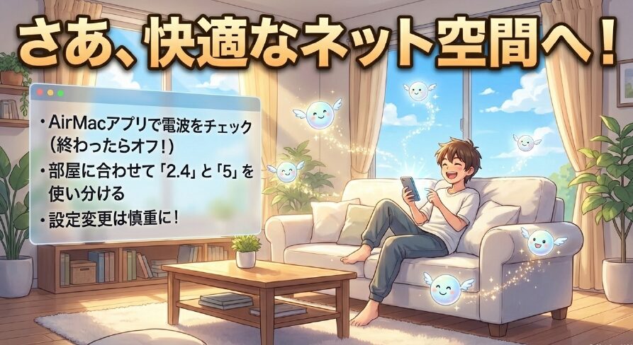 さあ、快適なネット空間へ!AirMacアプリの利用や電波の使い分け、慎重な設定変更のポイントをまとめたスライド