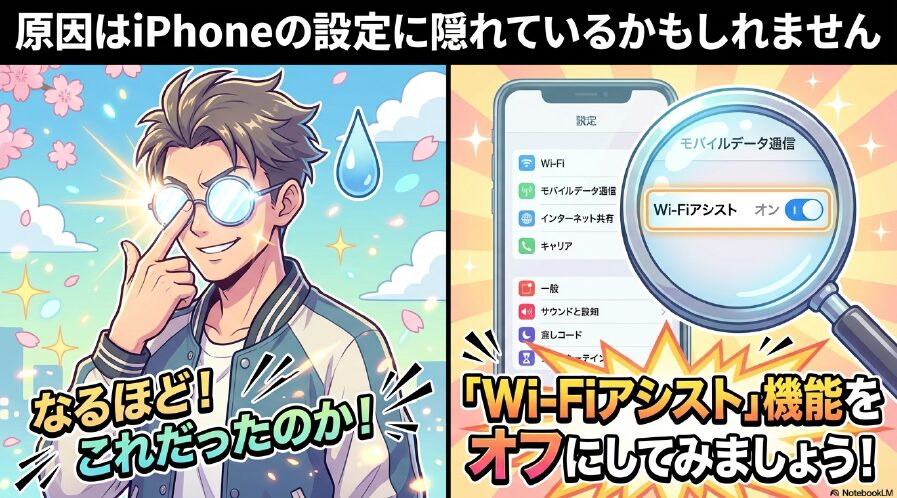 iPhoneのWi-Fiアシスト設定がパケ詰まりの原因になる可能性