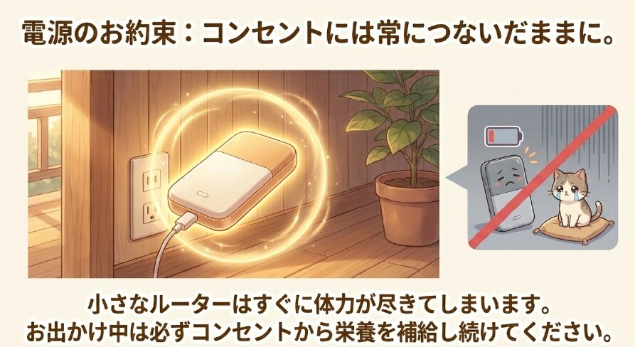 ルーターをコンセントに繋いで電源を確保している状態と、バッテリー切れで悲しむ猫の対比イラスト。外出中はコンセントから給電し続ける必要があることを示しています。