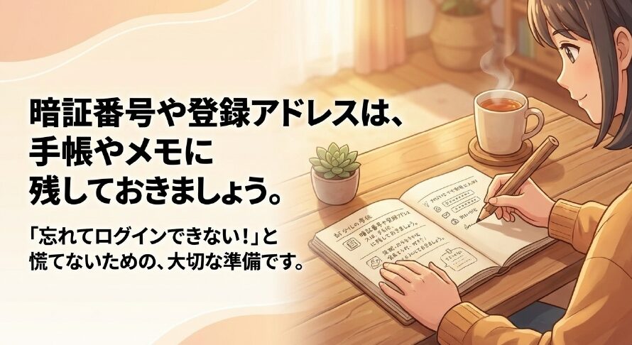 「忘れてログインできない!」と慌てないために、暗証番号や登録アドレスを手帳やメモに残しておくことを推奨するスライド 。
