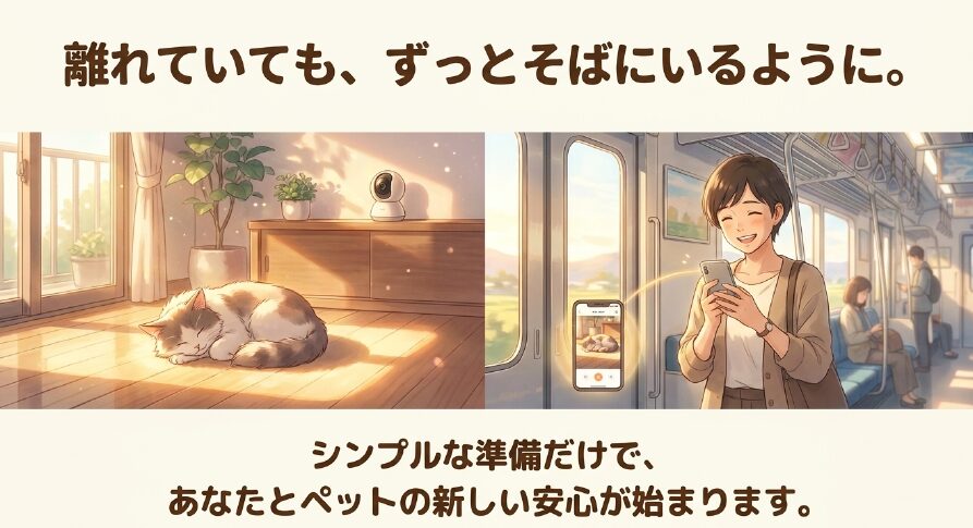 外出先の電車内でスマートフォンを使い、留守番をして日向ぼっこをしている猫の様子を笑顔で確認する女性のイラスト。