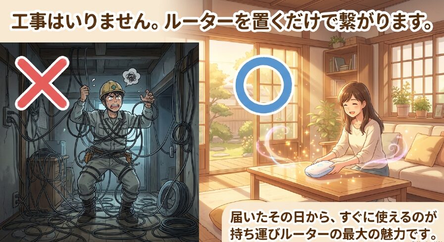 複雑な配線工事に悩む作業員のイラストにバツ印がつけられた画像。ルーターを置くだけで繋がり、工事がいらないことを示しています。