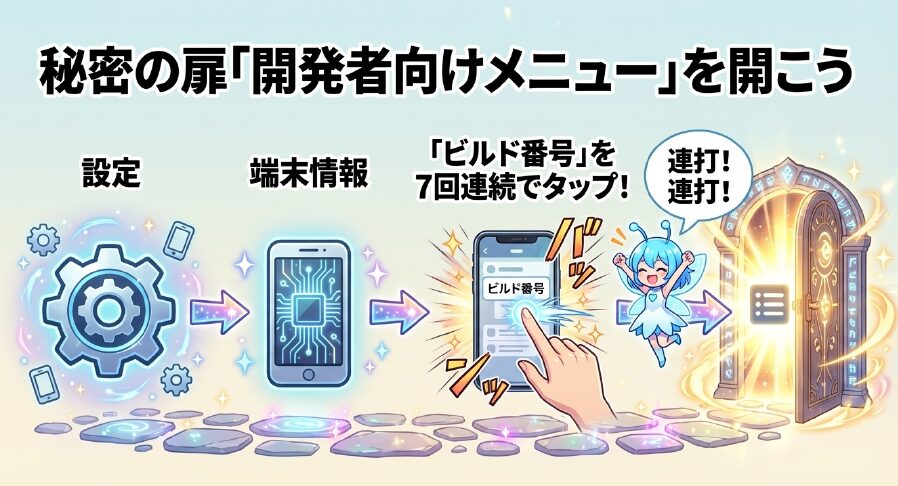 設定の端末情報からビルド番号を7回連続タップして開発者向けメニューを開く手順