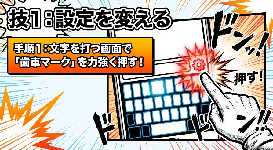 技1:設定を変える手順1。文字を打つ画面で「歯車マーク」を力強く押す!