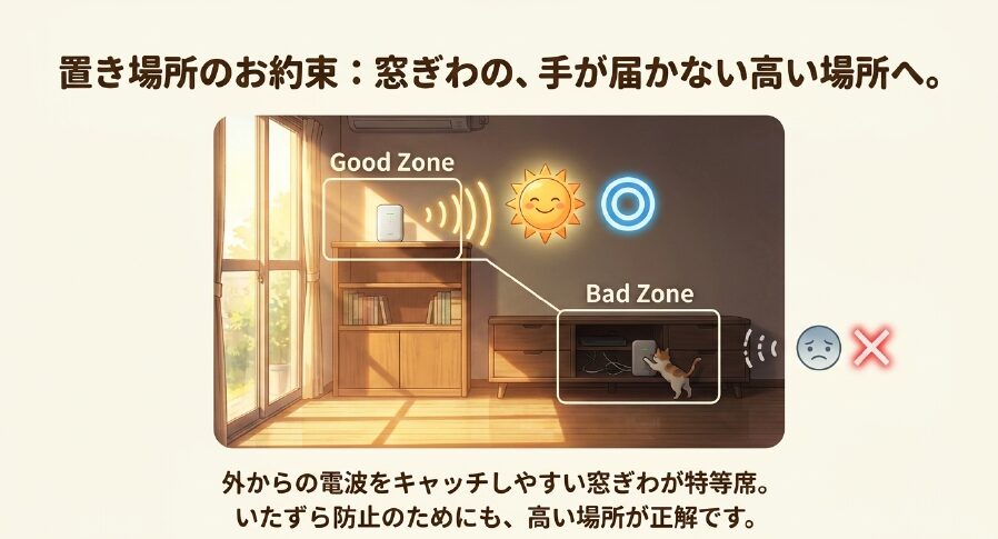 ルーターの置き場所として、窓際の高い場所を「Good Zone」、テレビ台の下の低い場所を「Bad Zone」として比較解説したイラスト。
