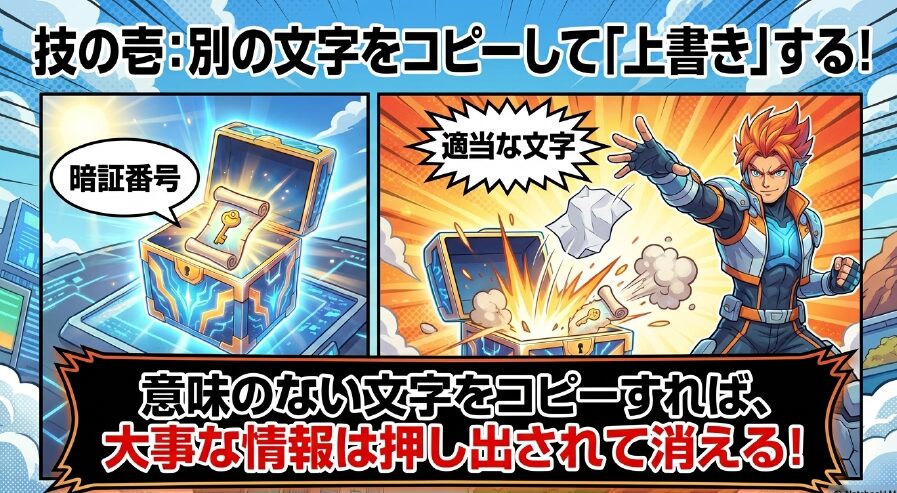 意味のない文字を新たにコピーすることで、大事な暗証番号などの情報を押し出して消す「上書き」の技の図解
