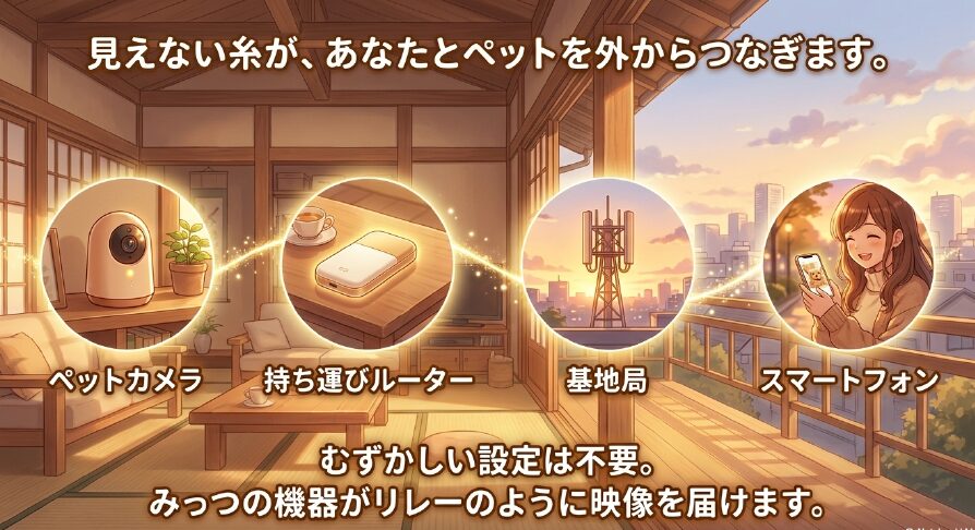 ペットカメラ、持ち運びルーター、基地局、スマートフォンの3つの機器が連携して映像を届ける仕組みのイラスト。