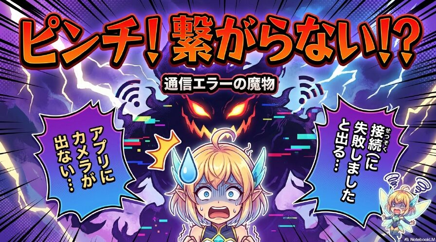 アプリに「接続に失敗しました」と出る、カメラが出ないといった通信エラーのトラブルを表現したスライド