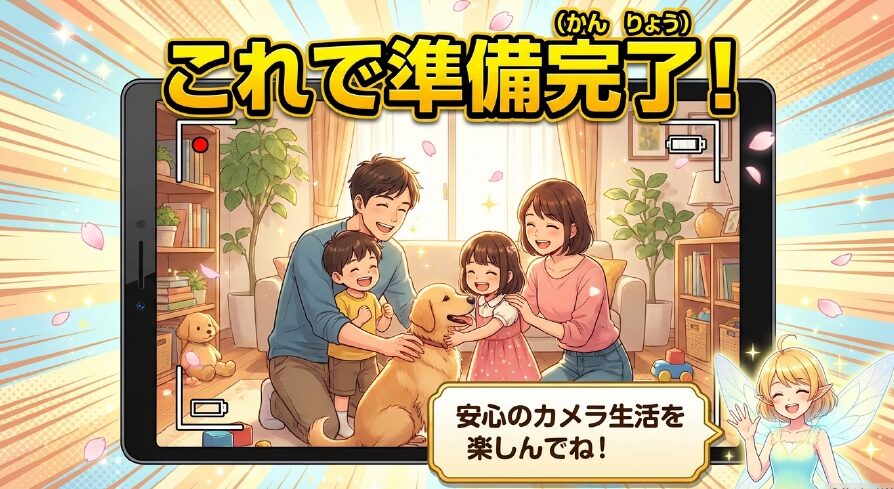 これで準備完了。安心のカメラ生活を楽しんでねという締めくくりのスライド