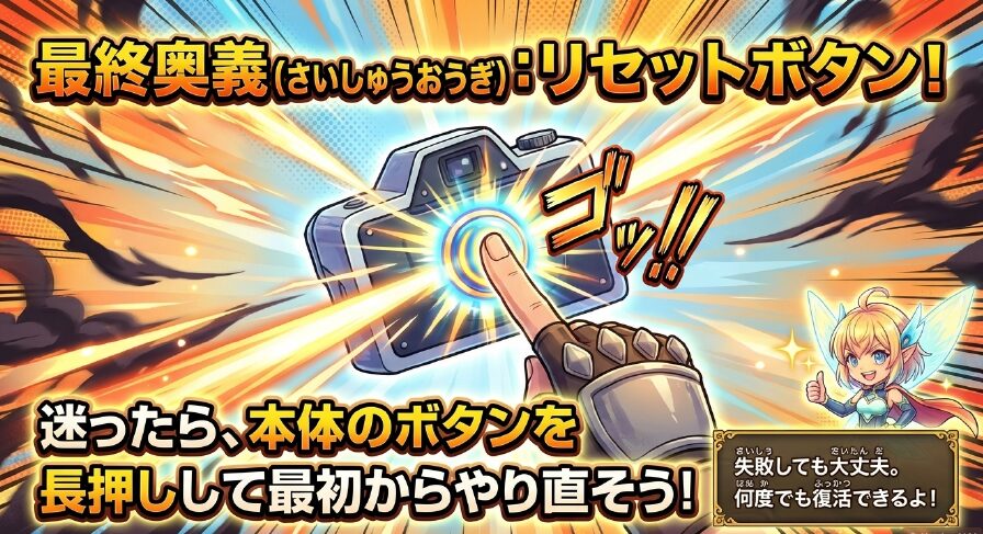 最終奥義のリセットボタン。迷ったら本体のボタンを長押しして最初からやり直すという解決策