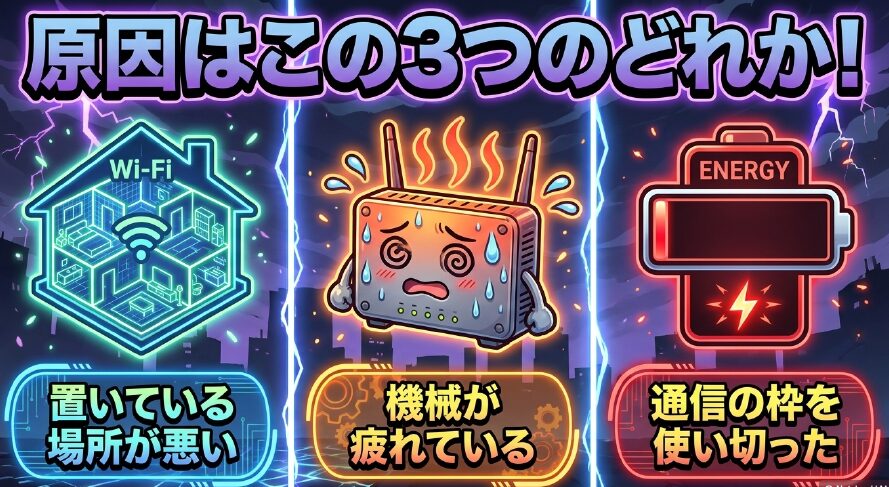 Wi-Fiが切れる3つの原因（置いている場所が悪い、機械が疲れている、通信の枠を使い切った）を解説する図解