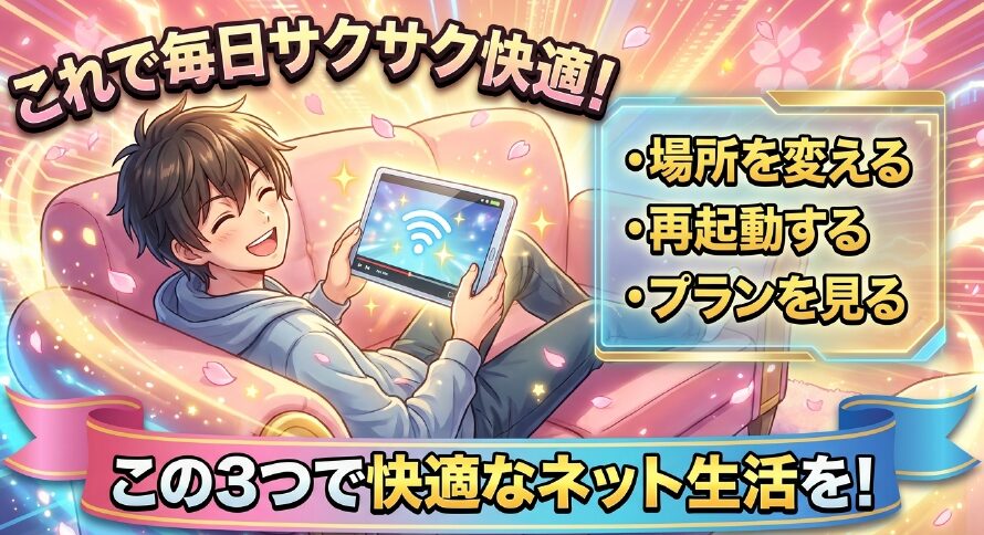 場所を変える、再起動する、プランを見るの3つを実行して快適なネット生活を送るためのまとめスライド 