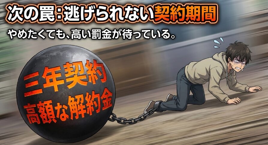 次の罠:逃げられない契約期間。やめたくても、高い罰金が待っている。