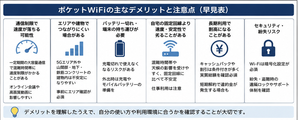 ポケットWiFiの通信制限・エリア・バッテリー・通信安定性・料金・紛失リスクの主なデメリット
