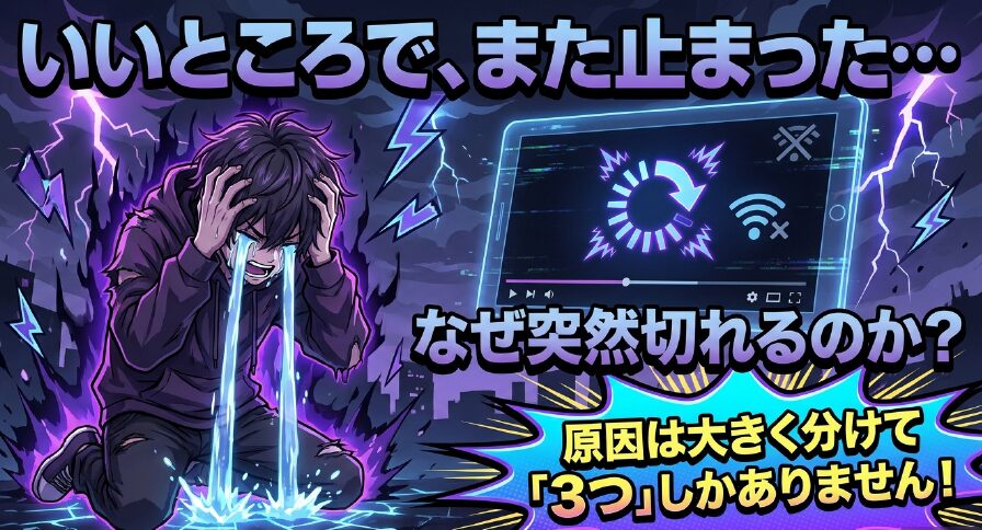 動画の良いところでWi-Fiが止まるイラストと、突然切れる原因が大きく分けて3つあることを示すスライド