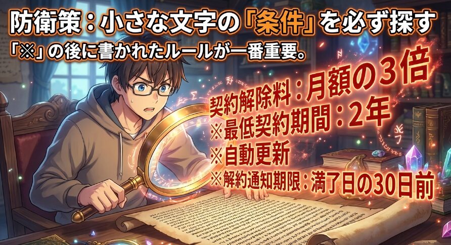 防衛策:小さな文字の「条件」を必ず探す。「※」の後に書かれたルールが一番重要。