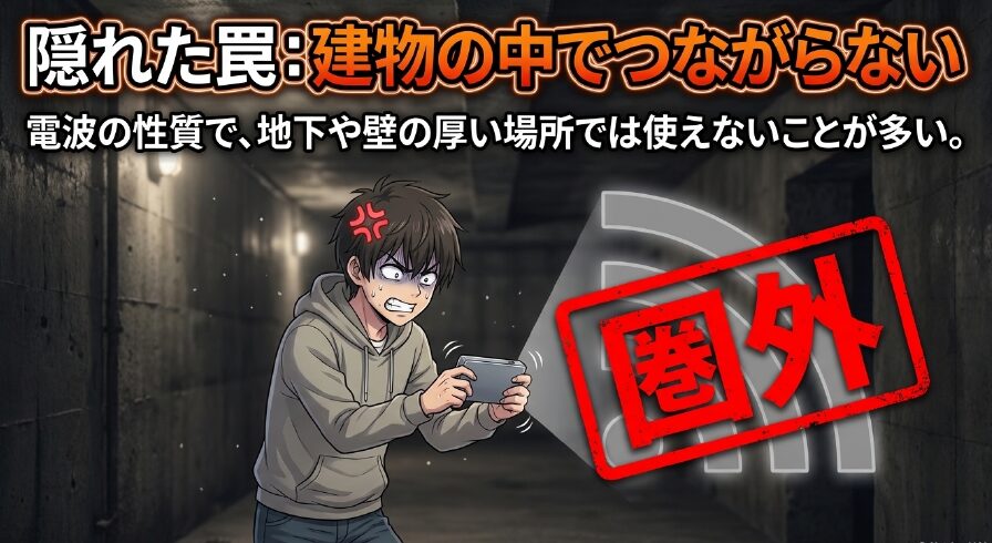 隠れた罠:建物の中でつながらない。電波の性質で、地下や壁の厚い場所では使えないことが多い。