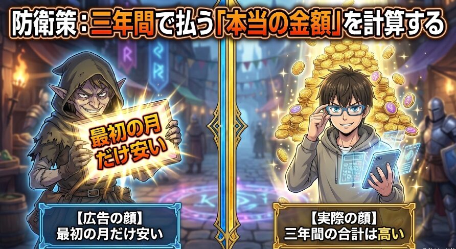 防衛策:三年間で払う「本当の金額」を計算する。最初の月だけ安い広告の顔と、三年間の合計は高い実際の顔。