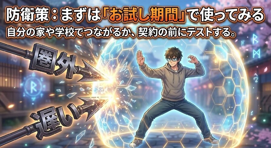 防衛策:まずは「お試し期間」で使ってみる。自分の家や学校でつながるか、契約の前にテストする。