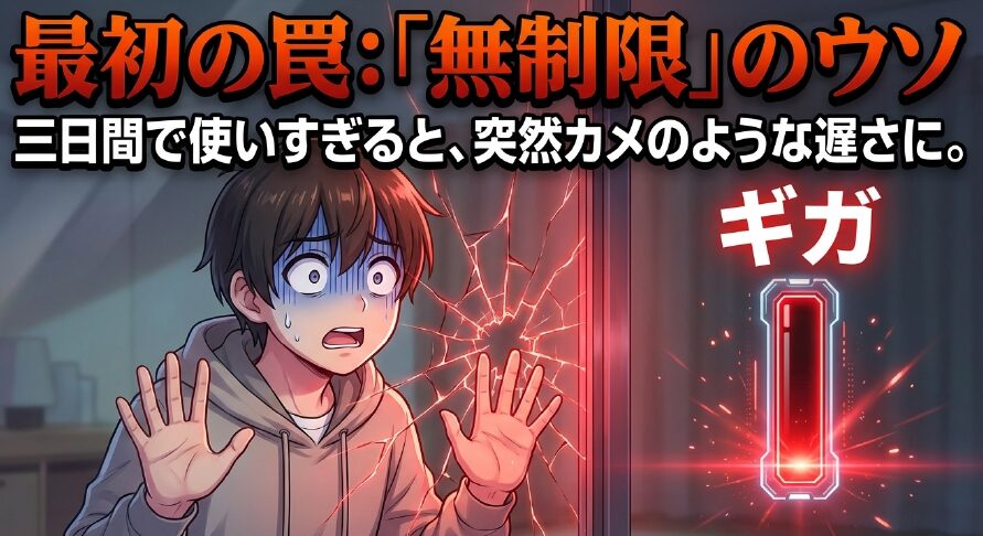 最初の罠:「無制限」のウソ。三日間で使いすぎると、突然カメのような遅さに。
