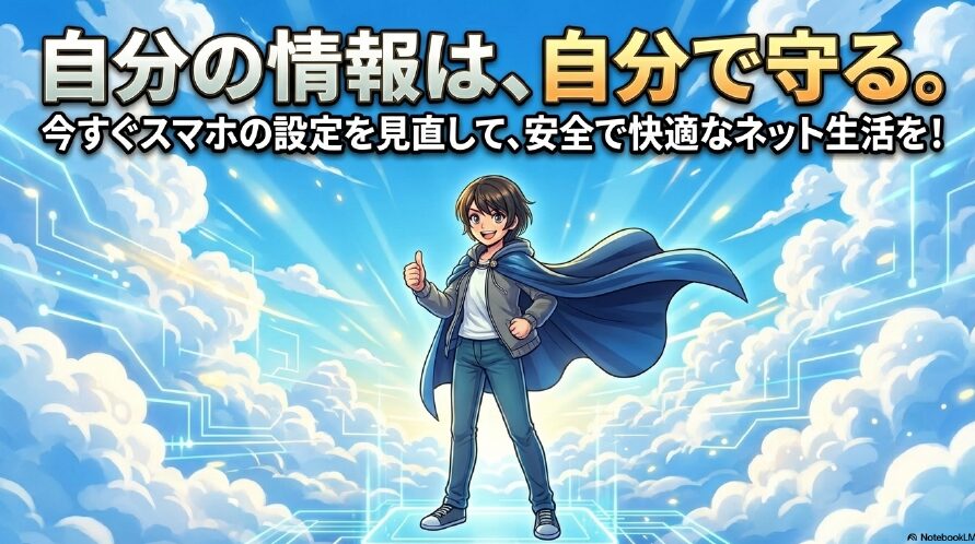 自分の情報は自分で守るため、今すぐスマホの設定を見直して安全で快適なネット生活を送ろうというメッセージ