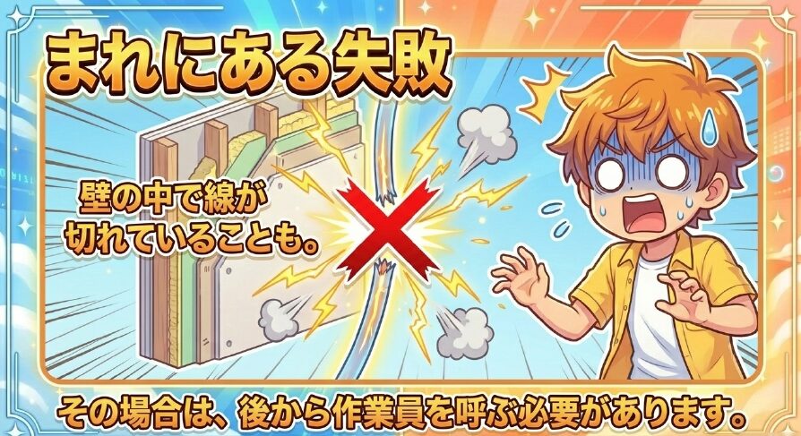 光コンセントがあっても壁の中で線が切れているまれな失敗例と、その場合は後から作業員を呼ぶ必要があることを説明したスライド