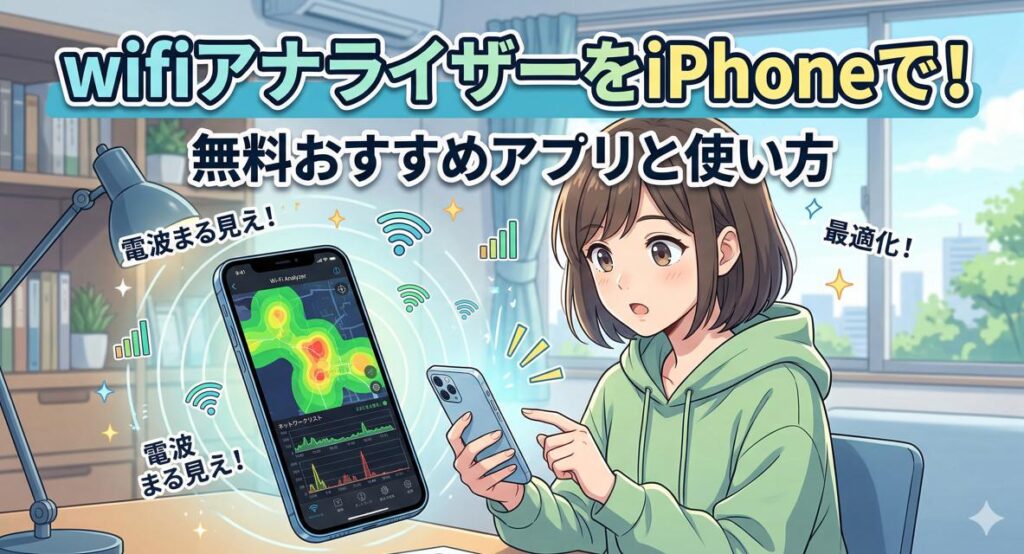 「iPhoneでWi-Fiアナライザーアプリを操作する日本人女性のイラスト。拡大されたiPhone画面には、部屋のWi-Fi電波状況が色分けされたヒートマップと、ネットワークリストが表示されている。」