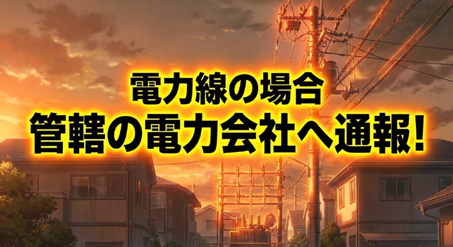 電力線が垂れ下がっている場合は管轄の電力会社へ通報するよう案内するスライド