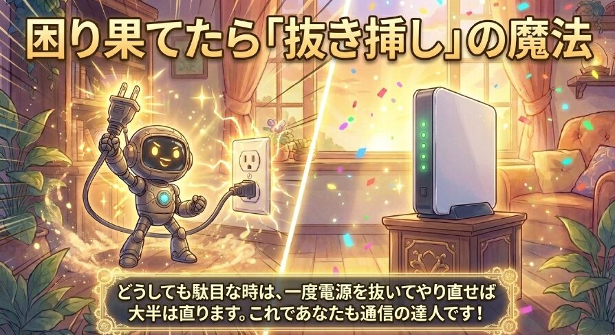どうしても駄目な時は一度電源を抜いてやり直すことを勧めるイラスト
