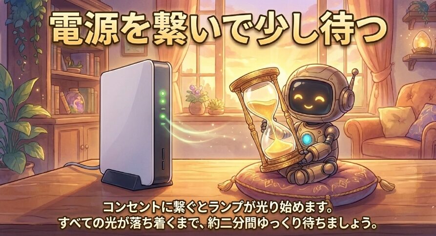 電源をコンセントに繋ぎ、すべてのランプが点灯し表示されるまで約2分間待つ手順のイラスト