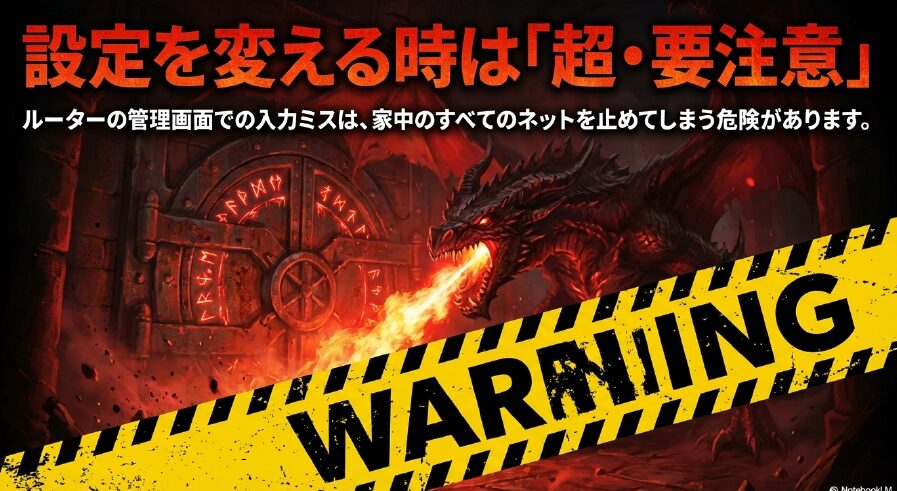 設定を変える時は超要注意。入力ミスで家中のネットが止まる危険があると警告するドラゴンのイラストとスライド