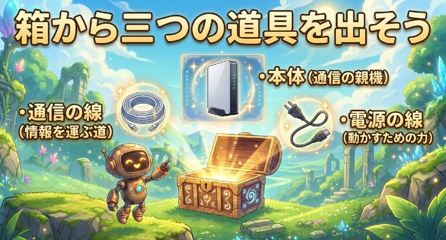 箱から通信の線、本体、電源の線の3つを取り出す手順のイラスト