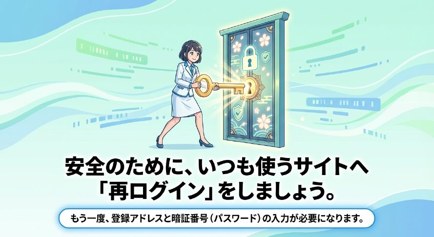 「安全のために、いつも使うサイトへ『再ログイン』をしましょう。」というテキストと、セキュリティの鍵を開ける女性のイラスト 。