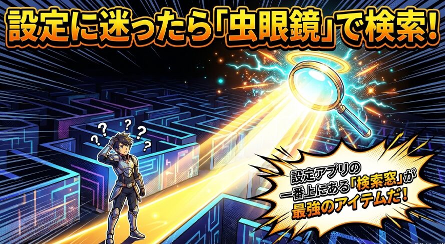 設定アプリの一番上にある検索窓（虫眼鏡アイコン）を使って目的の設定を探す方法