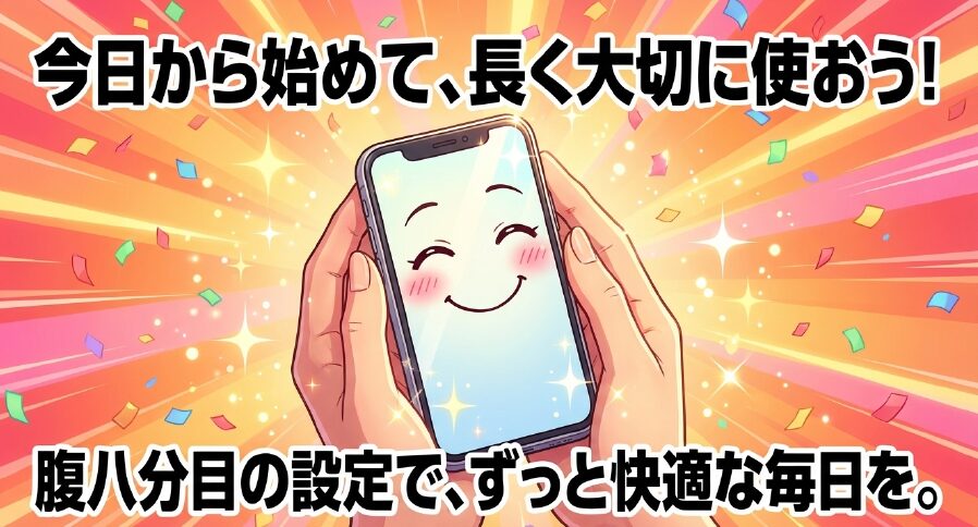 「今日から始めて、長く大切に使おう! 腹八分目の設定で、ずっと快適な毎日を。 」とまとめたスライド画像