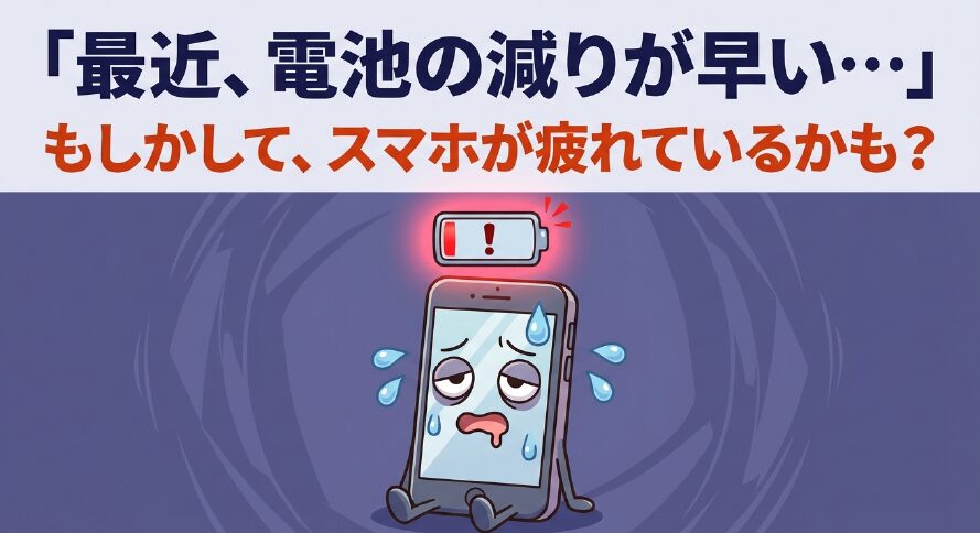 「『最近、電池の減りが早い･･･』もしかして、スマホが疲れているかも? 」と問いかけるスライド画像