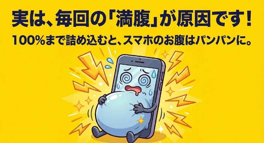 「実は、毎回の『満腹』が原因です! 100%まで詰め込むと、スマホのお腹はパンパンに。 」と解説するスライド画像