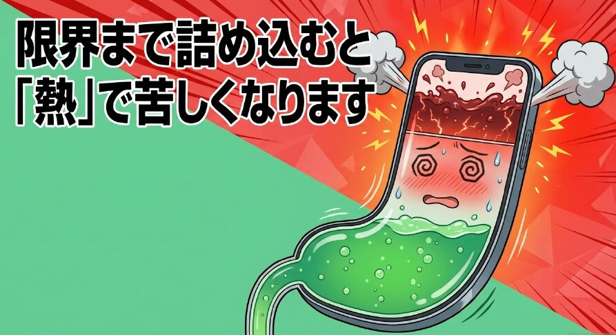 「限界まで詰め込むと『熱』で苦しくなります 」と熱によるダメージを説明するスライド画像