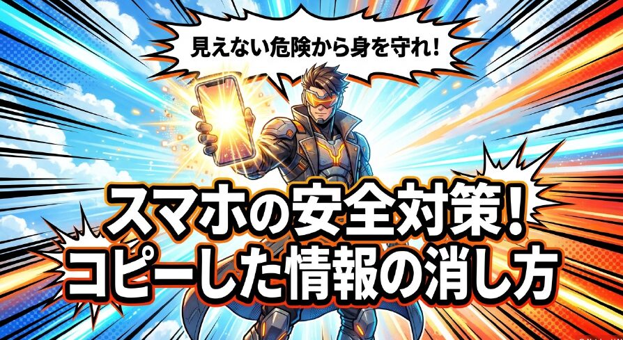 「見えない危険から身を守れ!」と掲げられた、スマホの安全対策およびコピーした情報の消し方を解説するアイキャッチ画像 。